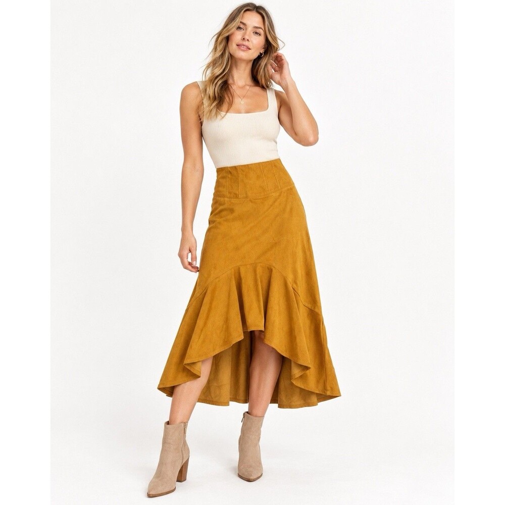 Maeve Anthropologie Cosima Flounced Faux Suede Midi Skirt Mustard Size 4 NWOT